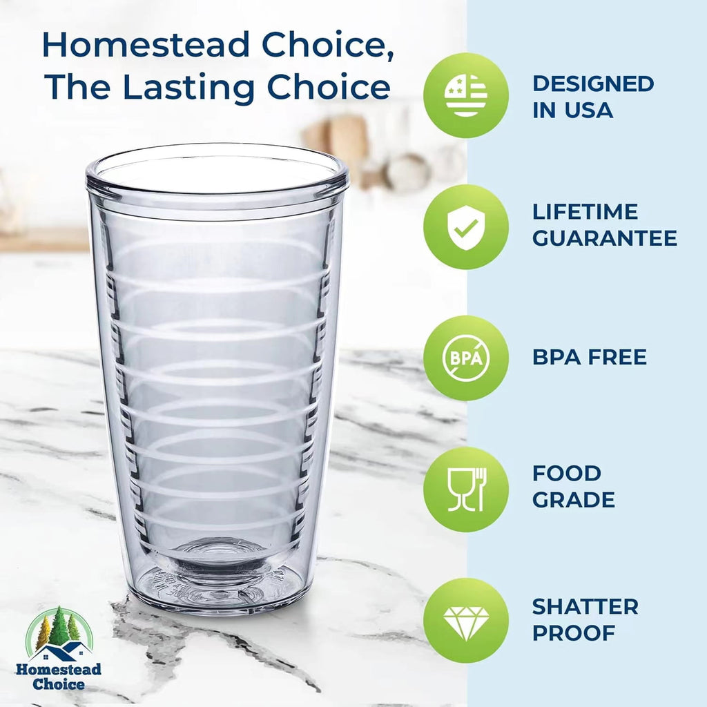 Homestead Choice Insulated Tumblers, 16oz 4-Pack Double Walled Clear Insulated Drinking Glasses Cup