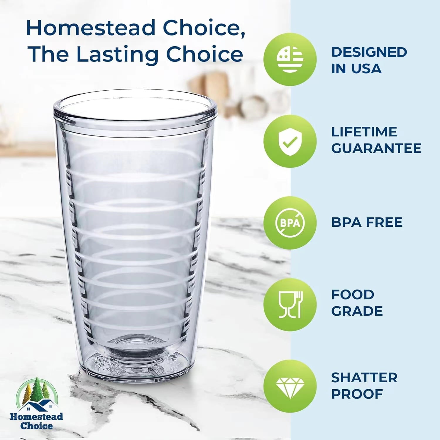 Homestead Choice Insulated Tumblers, 16oz 4-Pack Double Walled Clear Insulated Drinking Glasses Cup