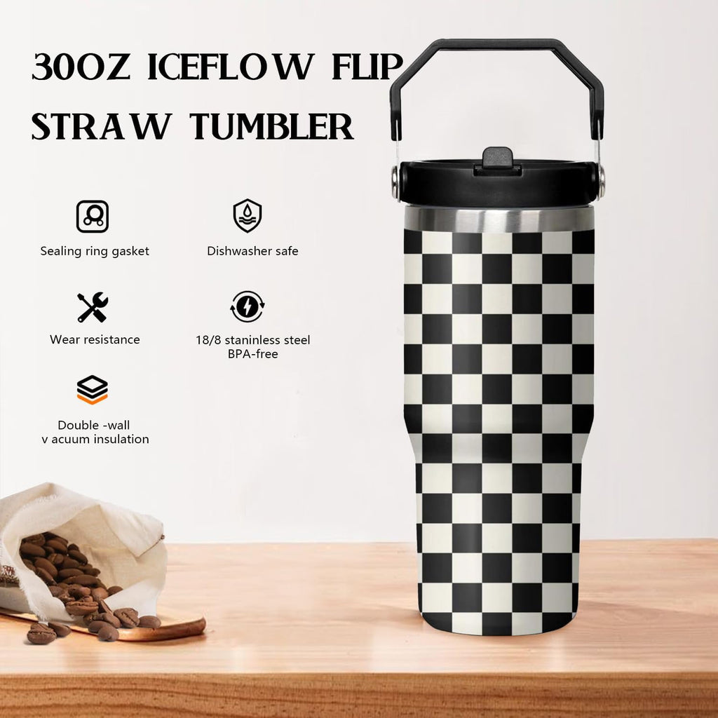 30 Oz Black and White Checkered Tumbler with Flip Lid, Handle & Straw - Insulated Travel Mug, Water Bottle, Coffee Cup - Gifts for Women & Men