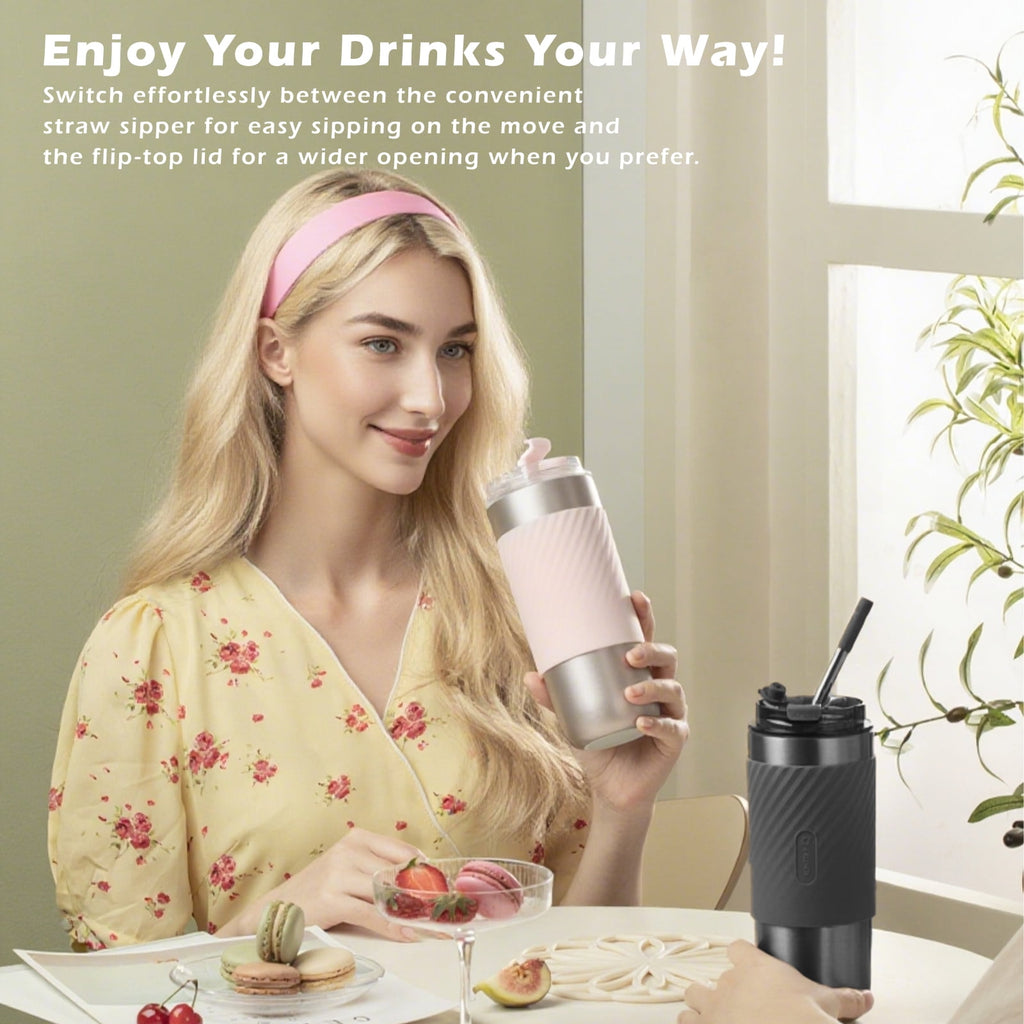 DaaSiGwaa Vacuum-Insulated Stainless Steel Travel Mug with Leak-Proof Lid, Infuser And Straw, Reusable Iced Coffee Cup, Hot Coffee Travel Tumbler, 17.5 oz(Pink)