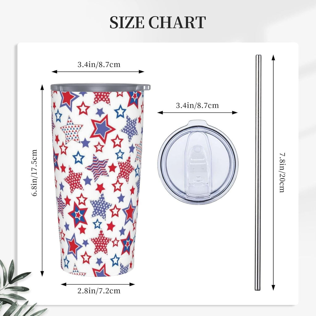 American Flag Star Tumbler with Lid and Straw Stars 20oz Insulated Stainless Steel Cup Red Blue Travel Coffee Mug Water Bottle for Women Gift for Birthday Christmas