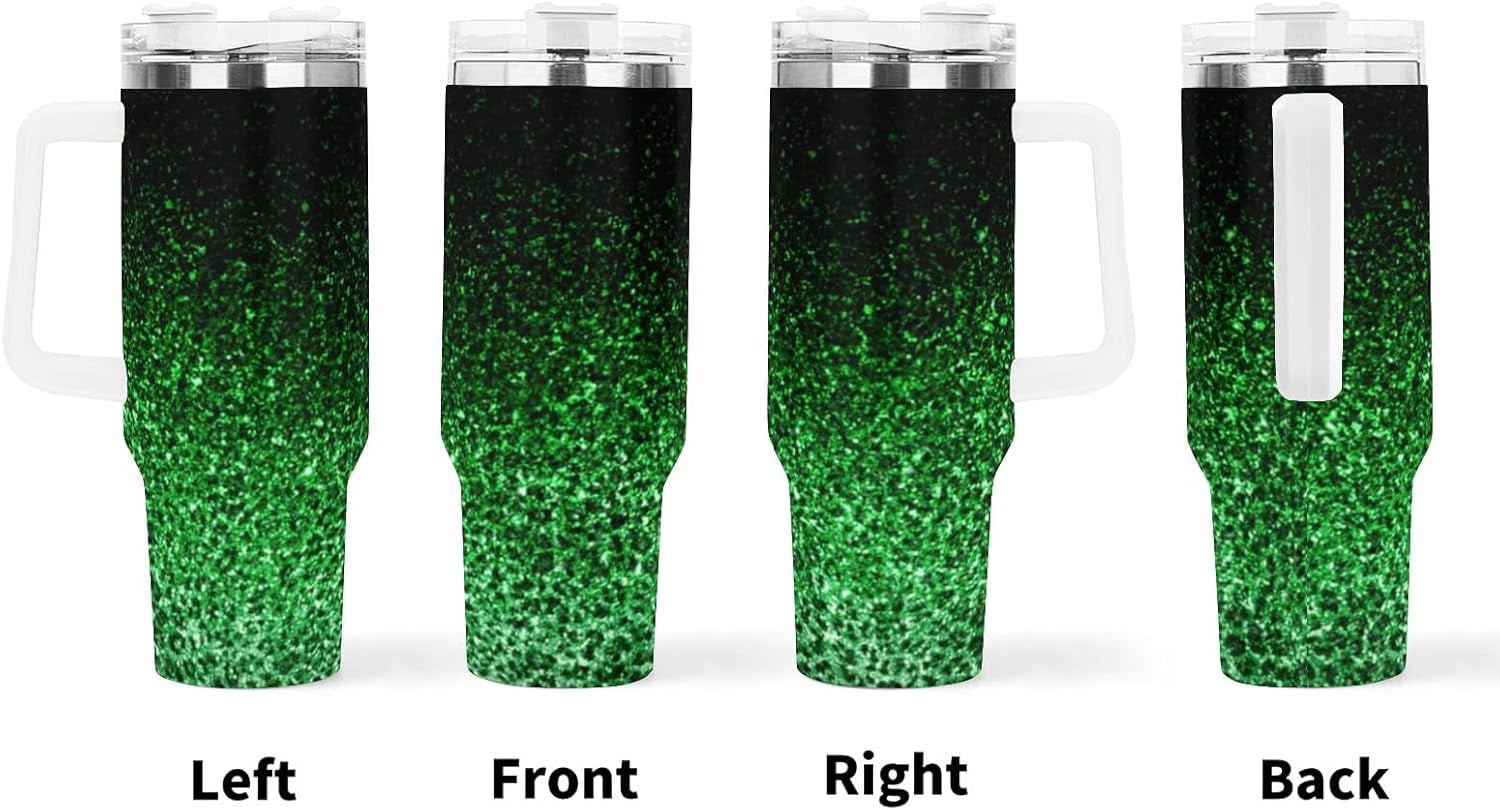 Ombre Leopard Glitter 40 oz Insulated Double Wall Stainless Steel Tumbler with Handle and Straw, Lid, Large Travel Mug Fits in Cup Holder, Cup Gift for Women(Green)