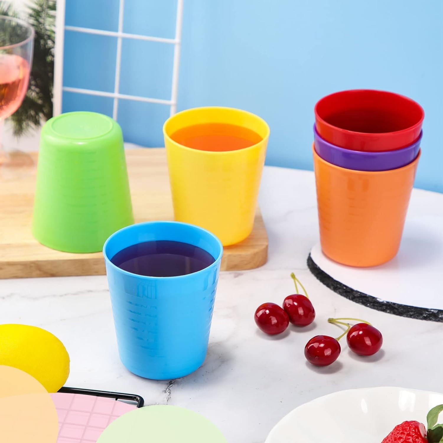 24 Pcs Reusable Plastic Cups, 8 oz Small Drinking Tumbler, Unbreakable Open Cups, Stackable Rainbow Water Tumbler for Juice, Party, Kitchen, Bathroom (Assorted Colors)