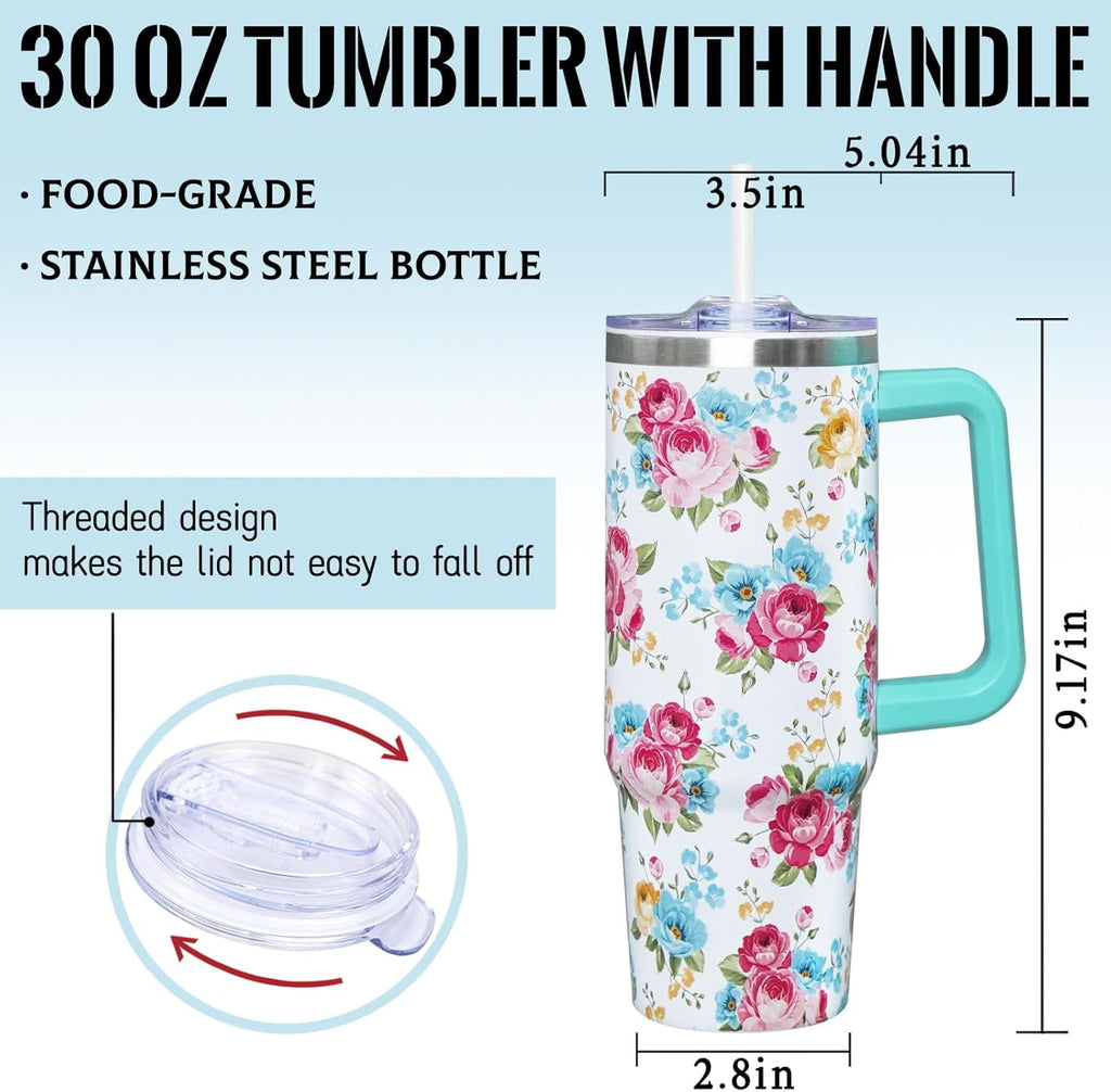 30 Oz Floral Tumbler with Handle and Straw, Floral Insulated Stainless Steel Coffee Travel Cup Mug Water Bottle, Unique Flower Gifts for Women