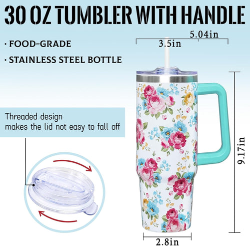 30 Oz Floral Tumbler with Handle and Straw, Floral Insulated Stainless Steel Coffee Travel Cup Mug Water Bottle, Unique Flower Gifts for Women