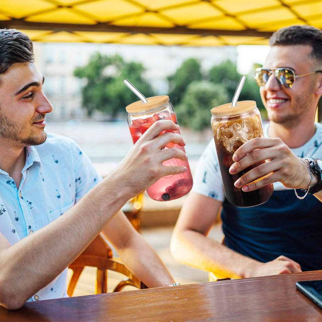 20 Oz Glass Cups with Lids and Straws 2Pcs,Glass Iced Coffee Cups,20 Oz Glass Tumbler with Bamboo Lid and Straw for Smoothie,Cocktail Beer, Whiskey,Soda(2 Clean Brush)