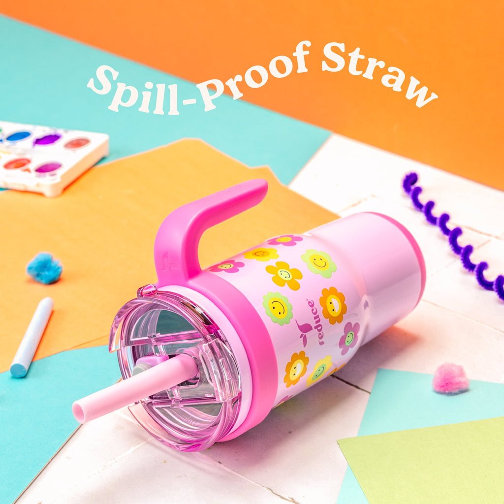 Reduce Coldee Kids Insulated Tumbler with Straw, 18oz Stainless Steel Spill-Proof Cup with Handle, Smiles