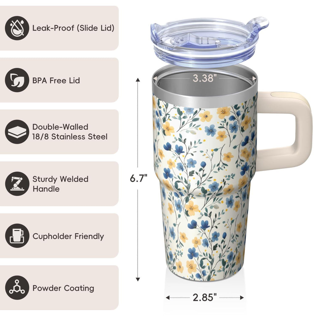 20oz Vintage Spring Tumbler with Handle and Straw, Floral Insulated Travel Coffee Cup, Chinoiserie Design Mug for Women