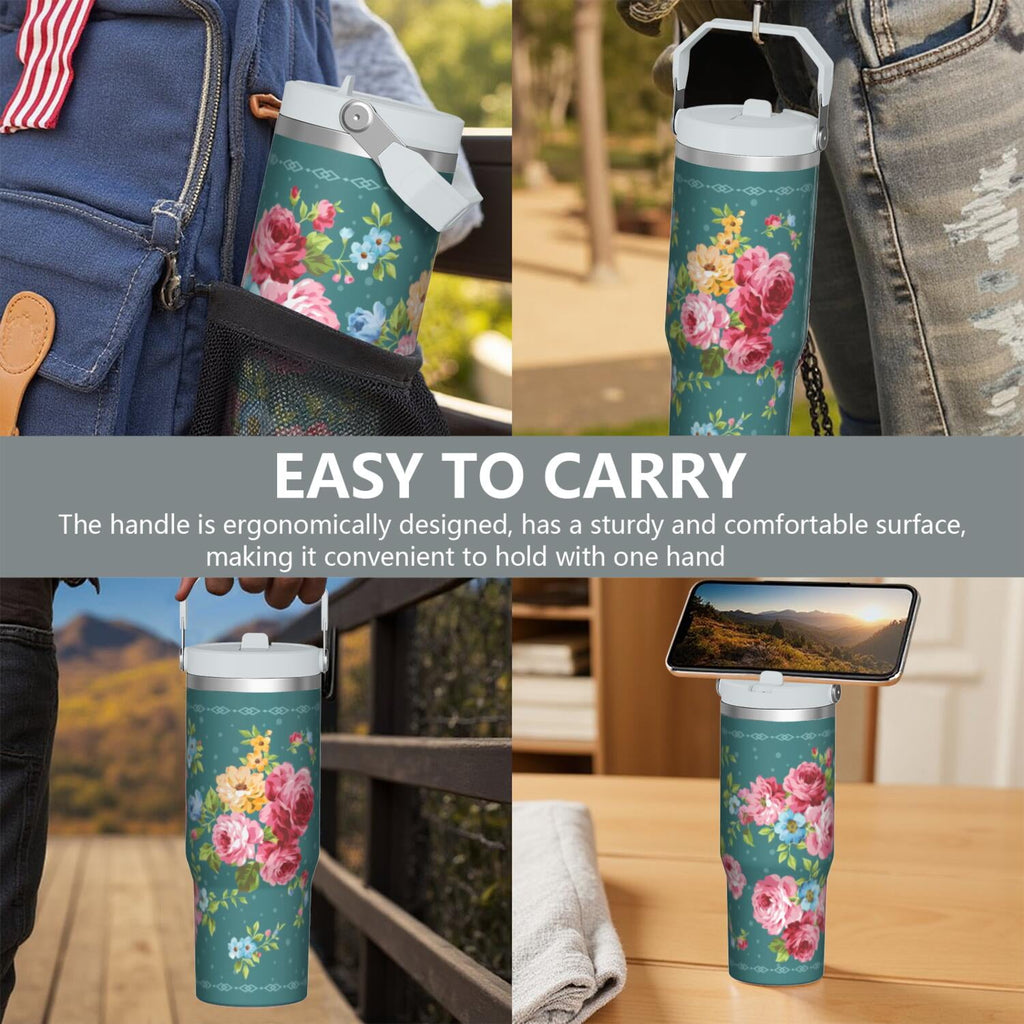 30oz Pioneer Colorful Floral Stainless Steel Flip Straw Tumbler with Lid and Straw Spill Proof Travel Cup Double Wall Vacuum Insulated Coffee Mug with Top Handled White