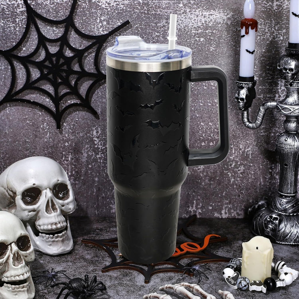 40 oz Halloween Tumbler with Lid and Straw - 5D Bat Print Tumblers with Handle Halloween Stainless Steel Insulated Travel Cup Black Coffee Cups Gifts for Women Men Adults