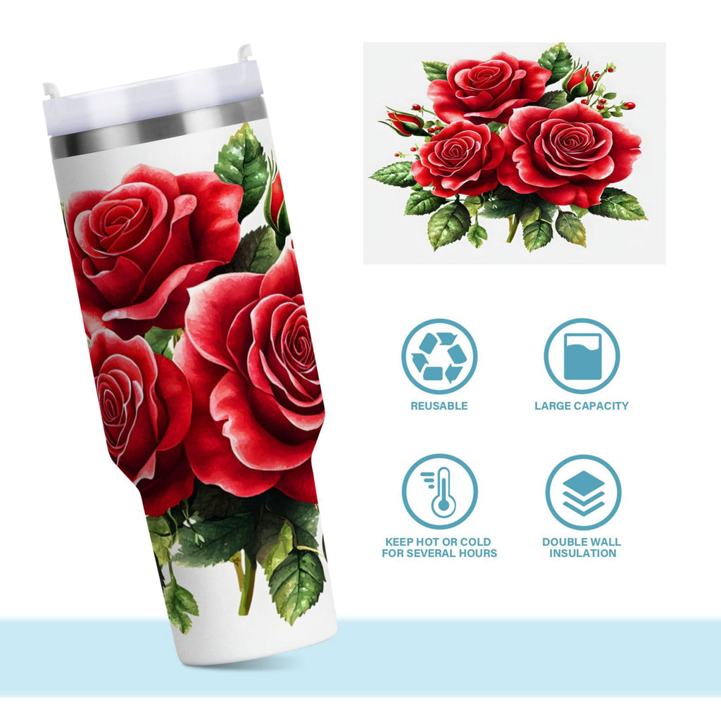 Ryvnso 40 oz Tumbler with Handle and Straw Insulated Stainless Steel Travel Mug with Lid Roses Flower