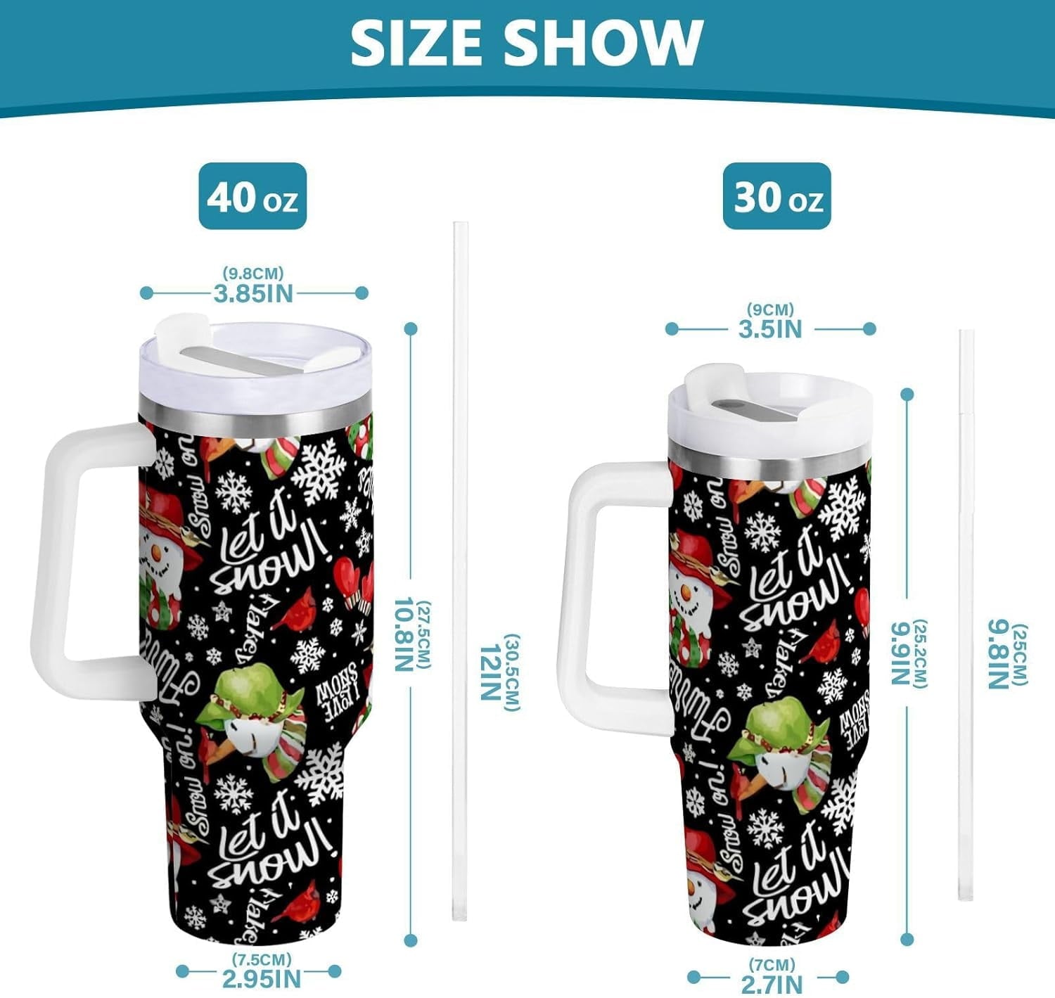 Let It Snow Tumbler Handle Lid and Straw I Love Christmas Water Bottle Stainless Steel Coffee Travel Tumbler Mug Cup Gifts for Men Women 40oz