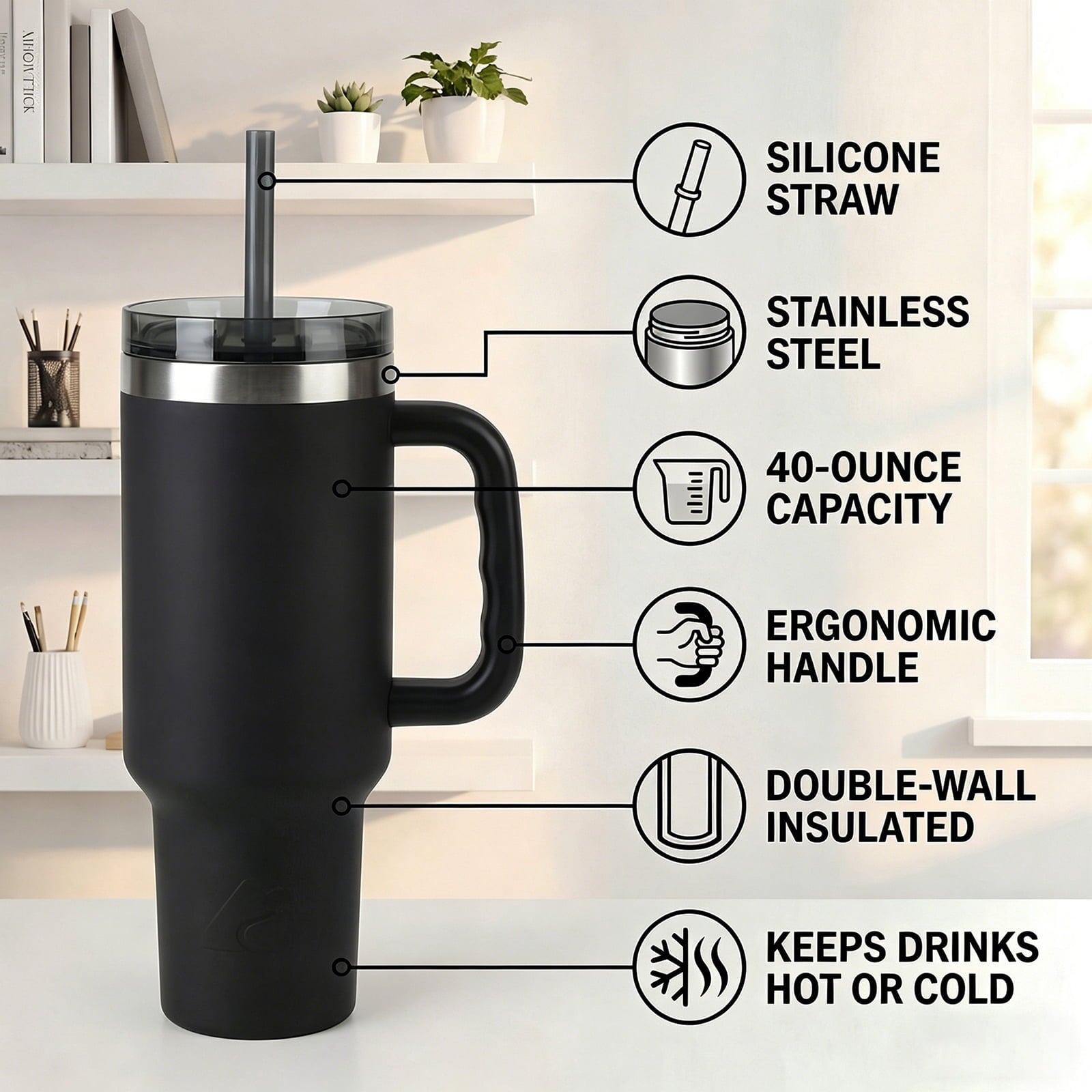 (6 pack) Ozark Trail 40 oz Stainless Steel Insulated Tumbler with Handle, Black