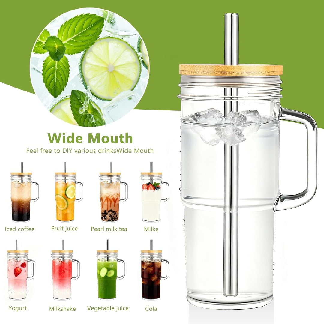 4 Pack 24oz Glass Cups with Lids and Straws, Glass Tumbler With Handle, Reusable Iced Coffee Cup with Lids-Mason Jar with Lid and Straw,Boba Cup for Cold & Hot Drinks,Smoothies Cup,Travel Mug