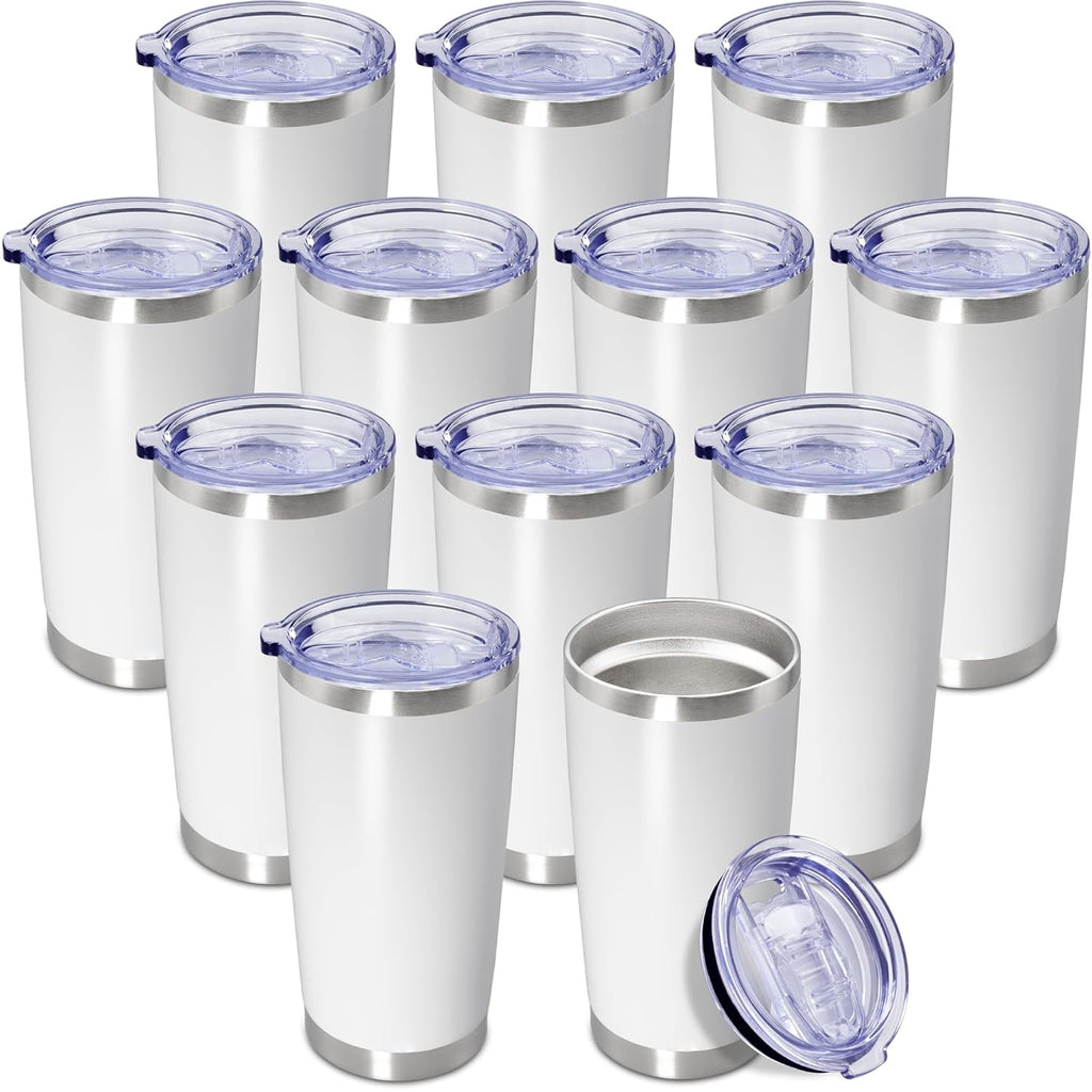 20 oz White Stainless Steel Vacuum Insulated Travel Tumbler with Lid – 12-Pack