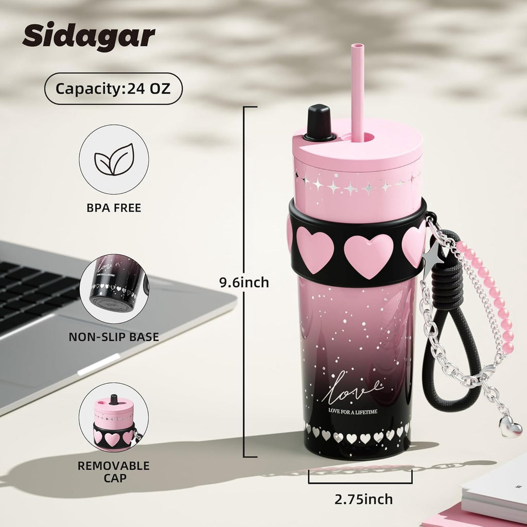 Sidagar 24oz Ceramic Coated Insulated Tumbler with Straw, Gift Travel Mug for Women and Couples, Pink