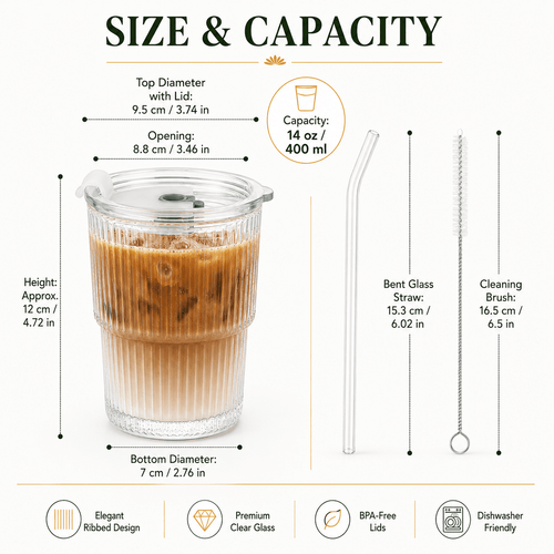 14 oz Ribbed Glass Tumblers with Lids and Glass Straws – 4-Piece Glassware Set, Thickened Wall, Ideal for Iced Coffee, Smoothies, Cocktails, and Juices – Elegant and Durable Drinkware