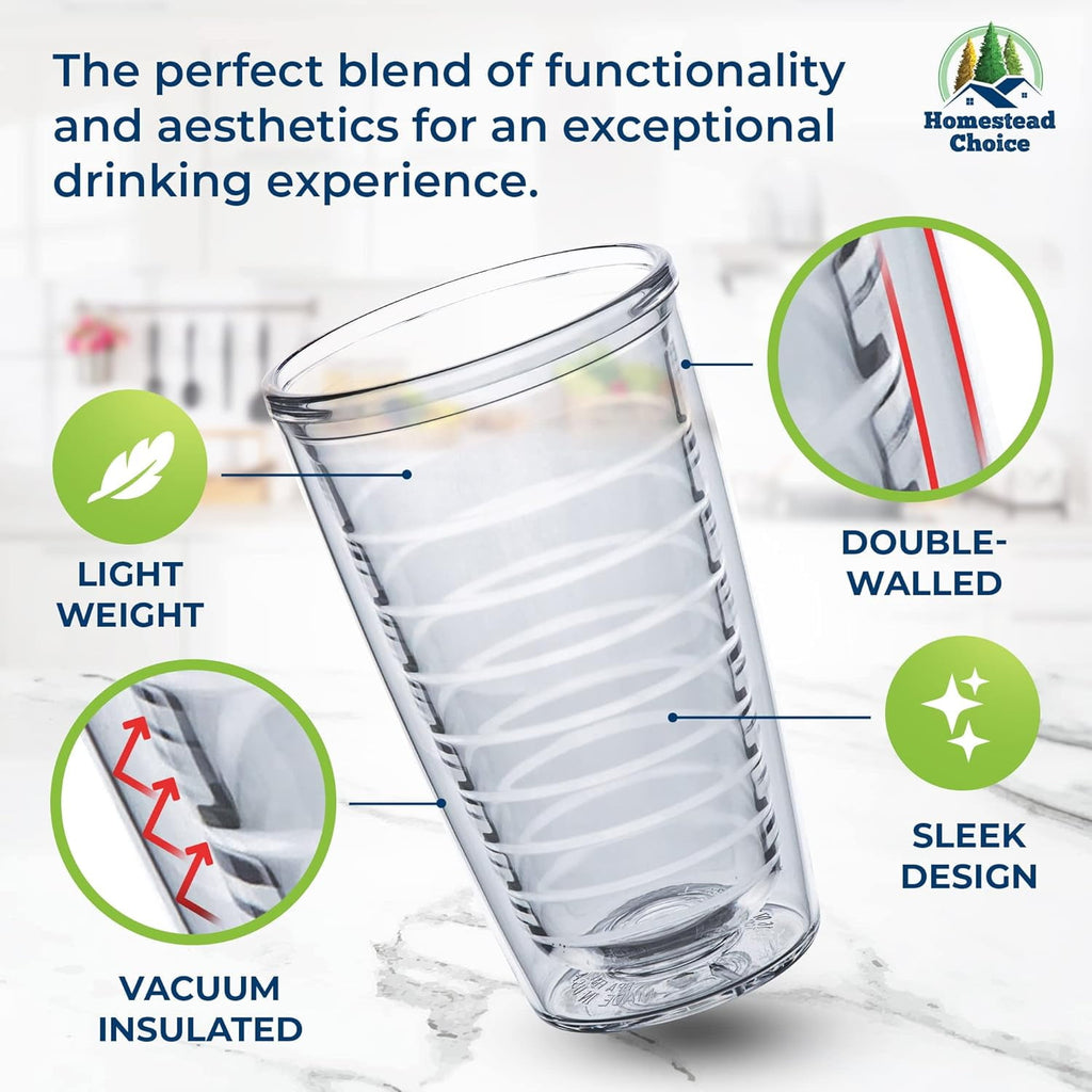 Homestead Choice Insulated Tumblers, 16oz 4-Pack Double Walled Clear Insulated Drinking Glasses Cup