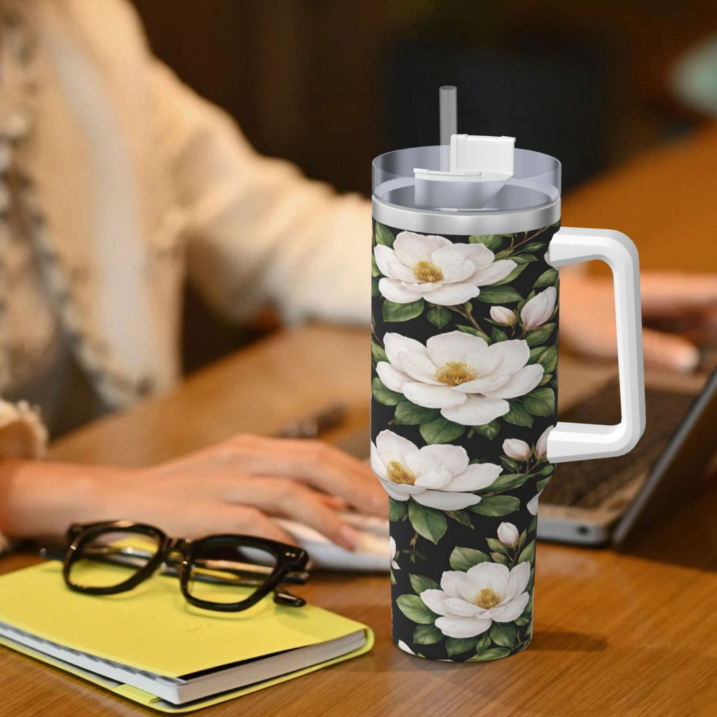 White Magnolia Floral Cup Insulated Tumbler Stainless Steel Vacuum Travel Mug 40 oz with Handle and Straw Lid