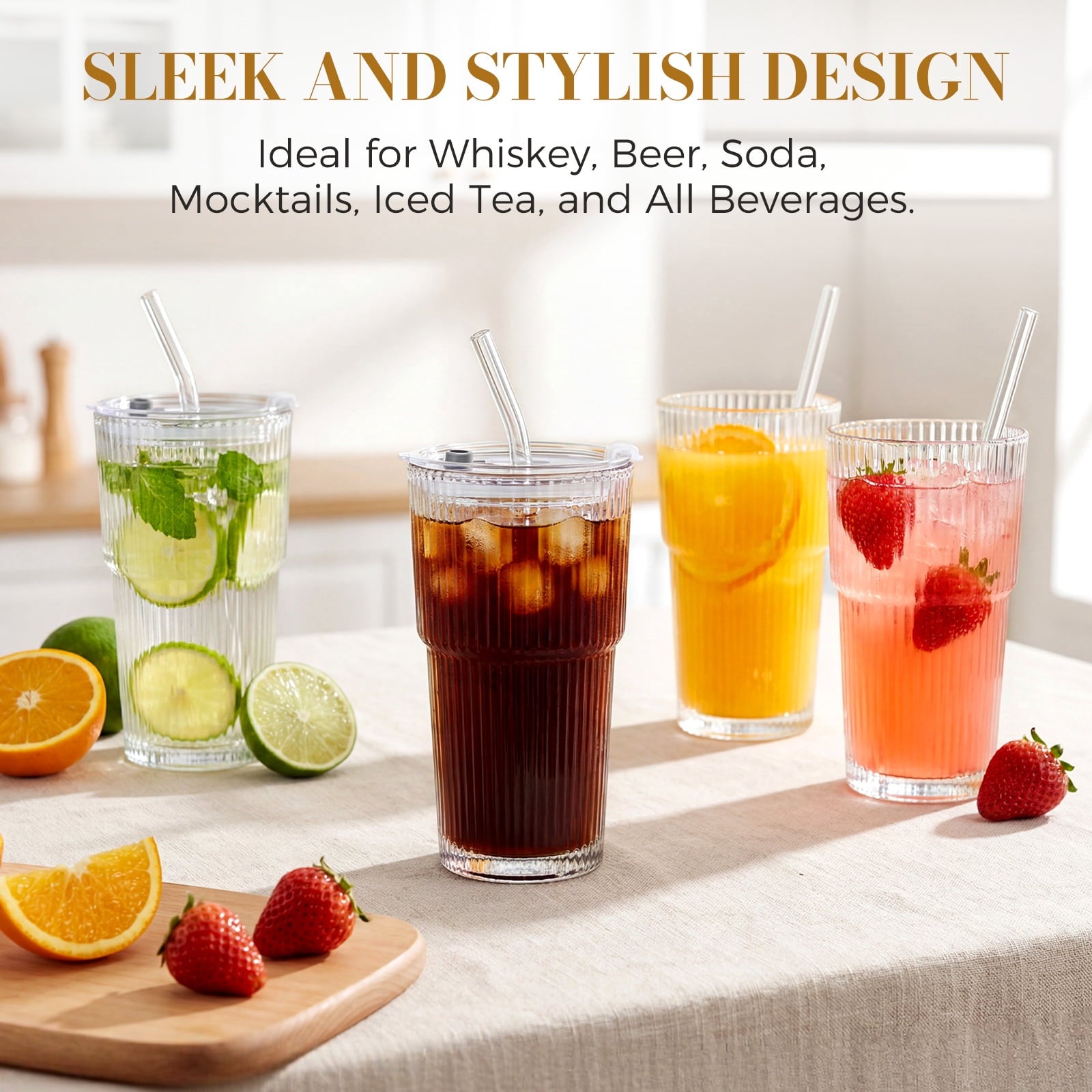 2 Pack Ribbed Glass Tumblers with Lids and Straws, 20oz Vintage Iced Coffee Cups, Clear Drinking Glasses