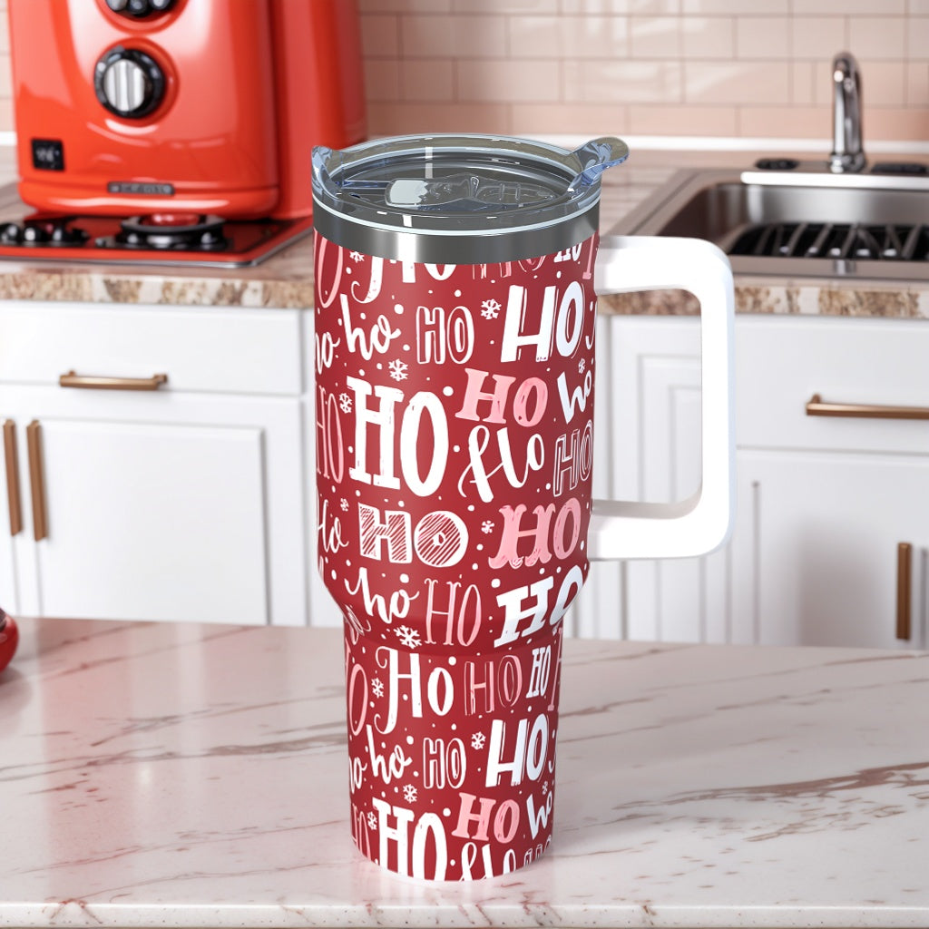 Christmas Tumbler with Handle and Straw Funny Ho Ho Ho Xmas Coffee Mug Water Bottle Travel Cup 30 oz