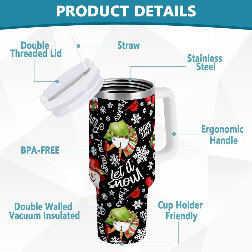 Let It Snow Tumbler Handle Lid and Straw I Love Christmas Water Bottle Stainless Steel Coffee Travel Tumbler Mug Cup Gifts for Men Women 40oz