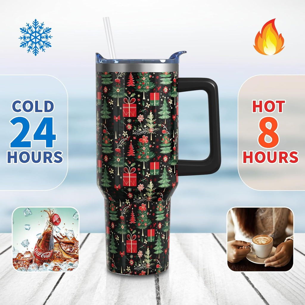 Christmas Gifts 40 Oz Tumbler with Handle and Straw, Green Xmas Tree Stainless Steel Insulated Cup Water Bottle, Retro Holiday Gifts for Women Men (1PC)