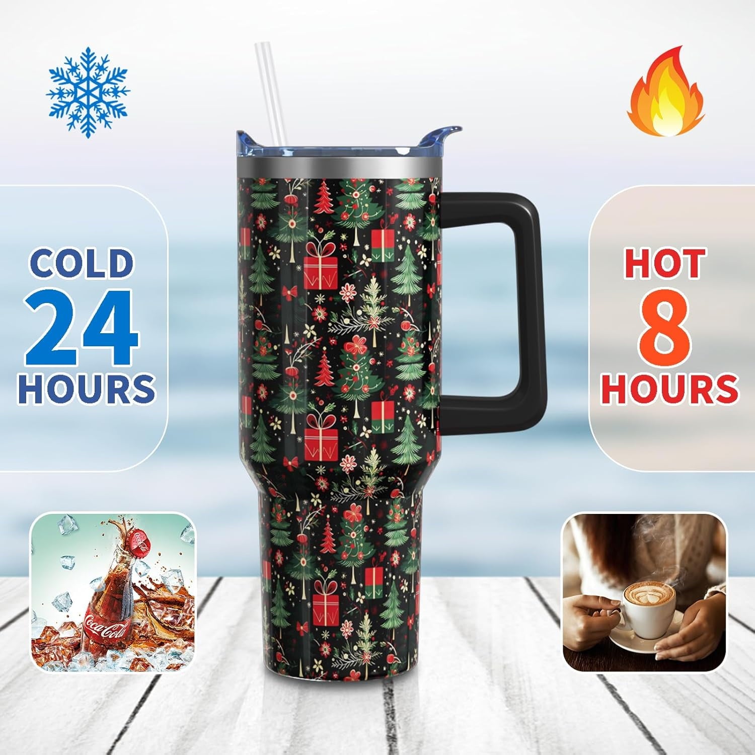 Christmas Gifts 40 Oz Tumbler with Handle and Straw, Green Xmas Tree Stainless Steel Insulated Cup Water Bottle, Retro Holiday Gifts for Women Men (1PC)