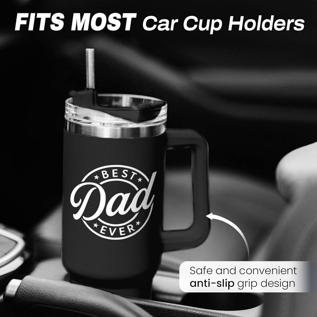 Best Dad Ever Tumbler with Handle 40oz Stainless Steel Insulated - Dad Gifts for Dad from Daughter Son - Coffee Tumbler for Dad Father''s Day Birthday Christmas Cup Gift Set with Lid & Straw