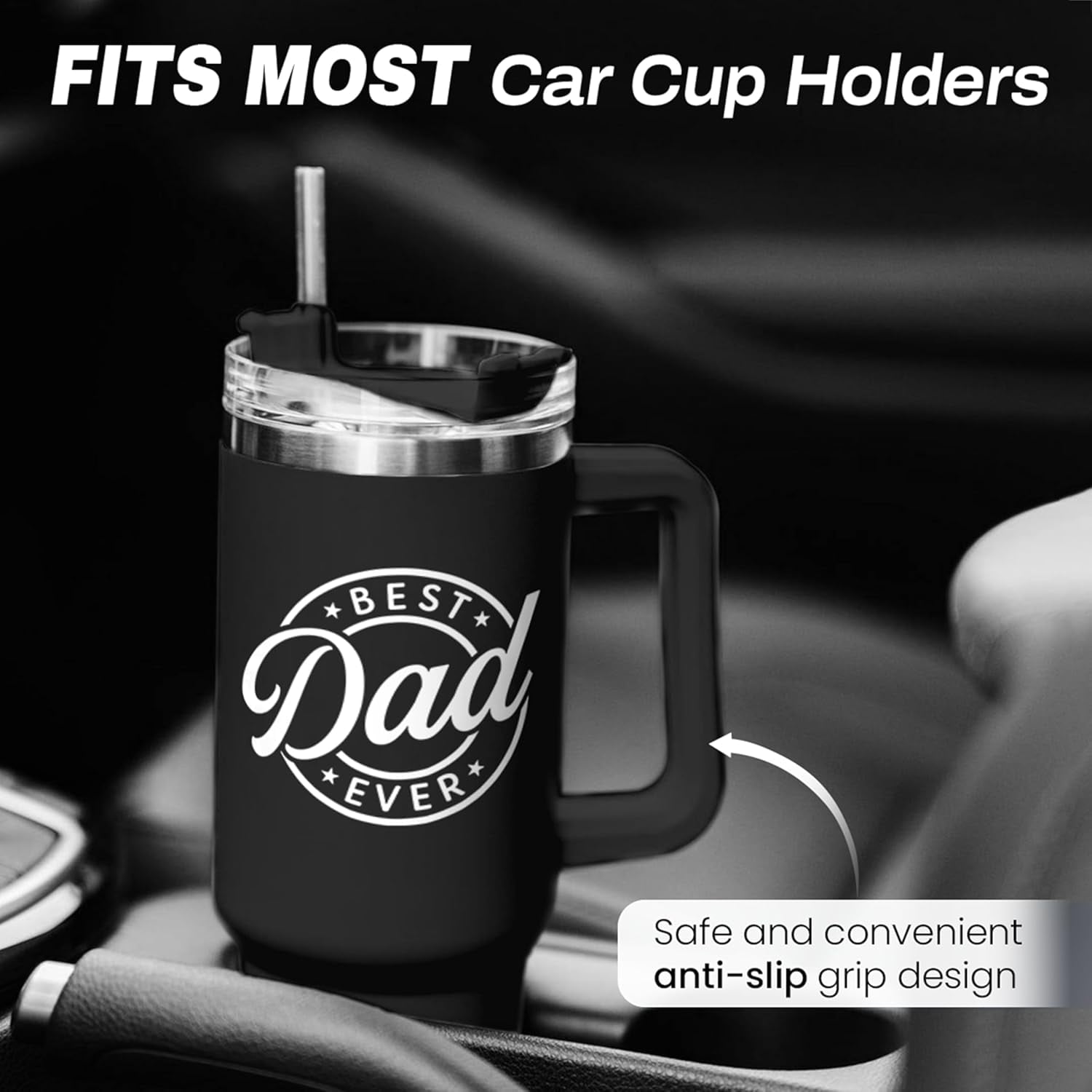 Best Dad Ever Tumbler with Handle 40oz Stainless Steel Insulated - Dad Gifts for Dad from Daughter Son - Coffee Tumbler for Dad Father''s Day Birthday Christmas Cup Gift Set with Lid & Straw