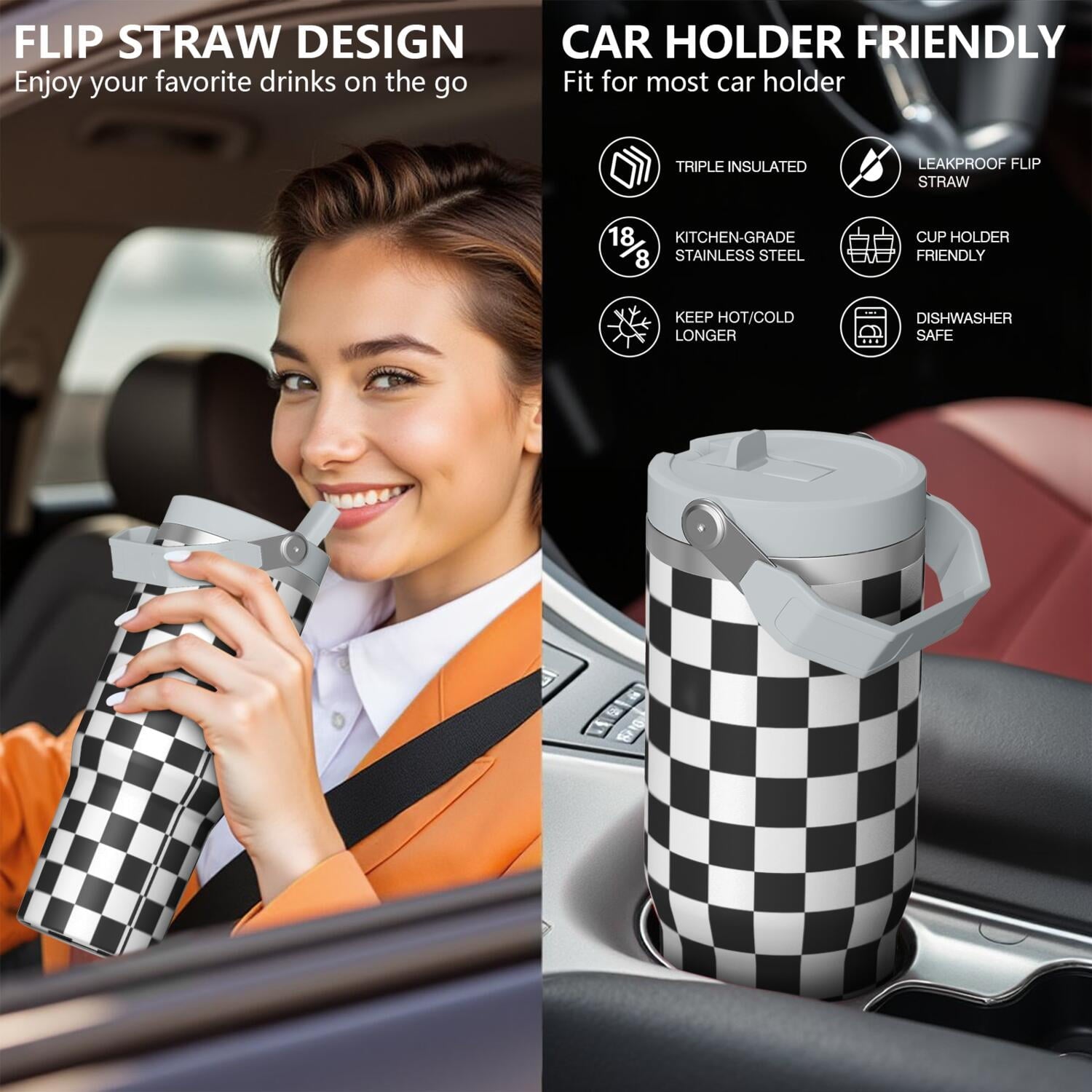 1pc Black and white grid 30oz Tumbler with Straw & Handle - Insulated Stainless Steel Cup | Holiday Gift for Man Women (Christmas, Valentine's, Birthday)