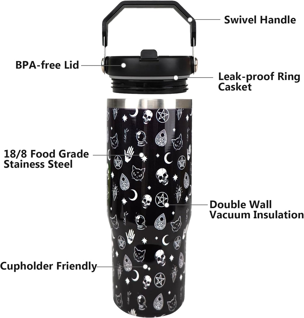 Gothic 30 oz Tumbler with Handle and Flip Straw，Stainless Steel Double Wall Insulated Travel Bottle with Top Handle Lid, Spill-Proof Tumbler with Straw and Handle for Men Women
