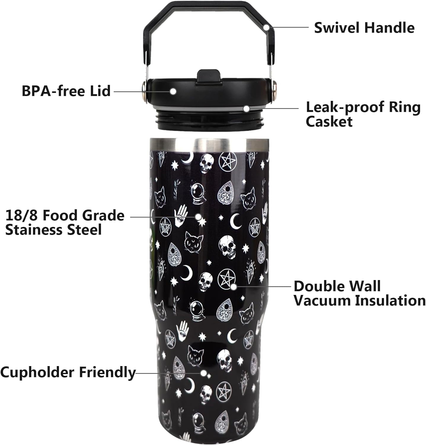 Gothic 30 oz Tumbler with Handle and Flip Straw，Stainless Steel Double Wall Insulated Travel Bottle with Top Handle Lid, Spill-Proof Tumbler with Straw and Handle for Men Women