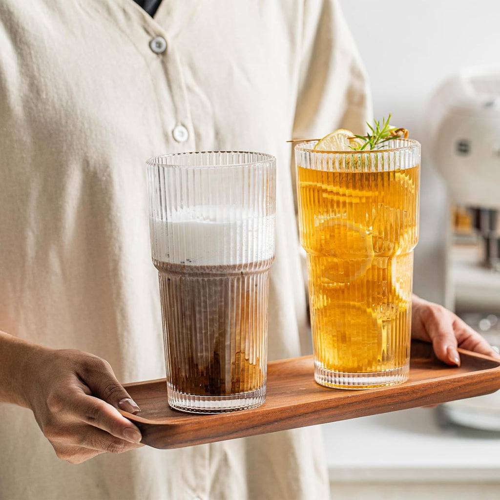 20 oz Ribbed Glass Tumblers with Lids and Glass Straws – 4-Piece Glassware Set, Thickened Glass, Ideal for Iced Coffee, Smoothies, Cocktails, and Juices – Elegant and Durable Drinkware