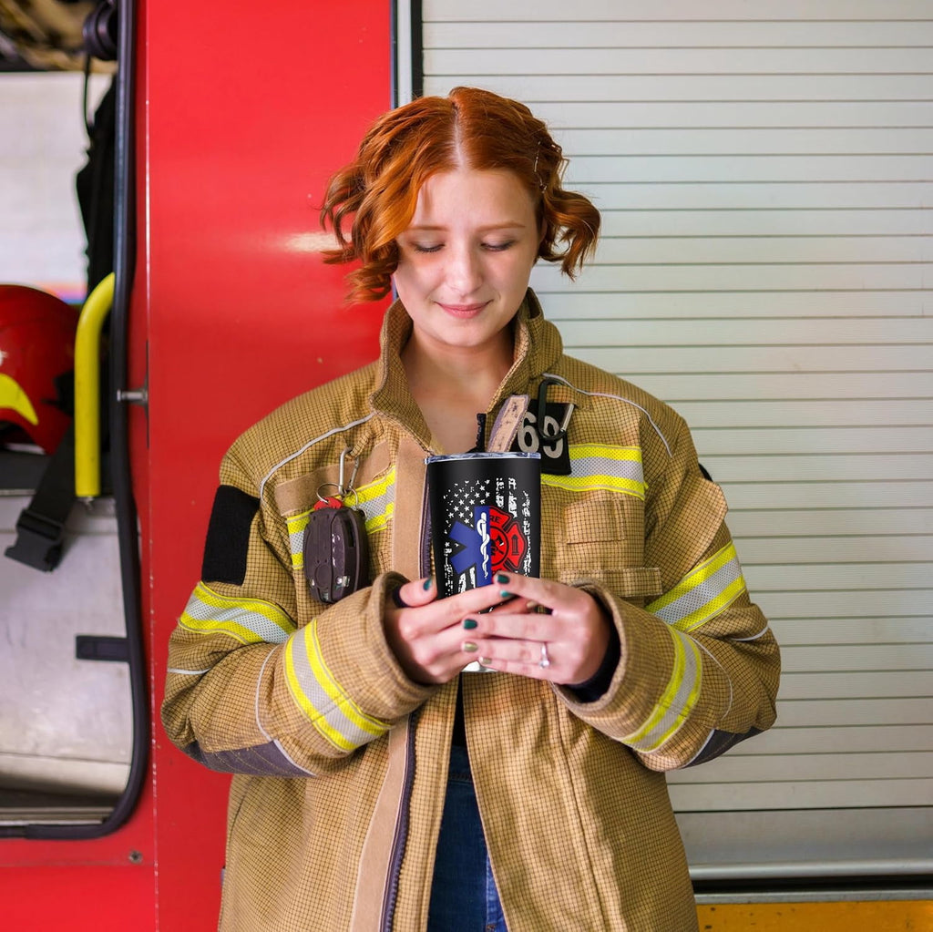 EMT Firefighter Gifts Tumbler 20oz 1PC, First Responder Gift For Women/Men, Paramedic Fireman Firewoman EMS Birthday Gift Ideas, Fd Emergency Department, First In Last Out Responder Coffee Cup