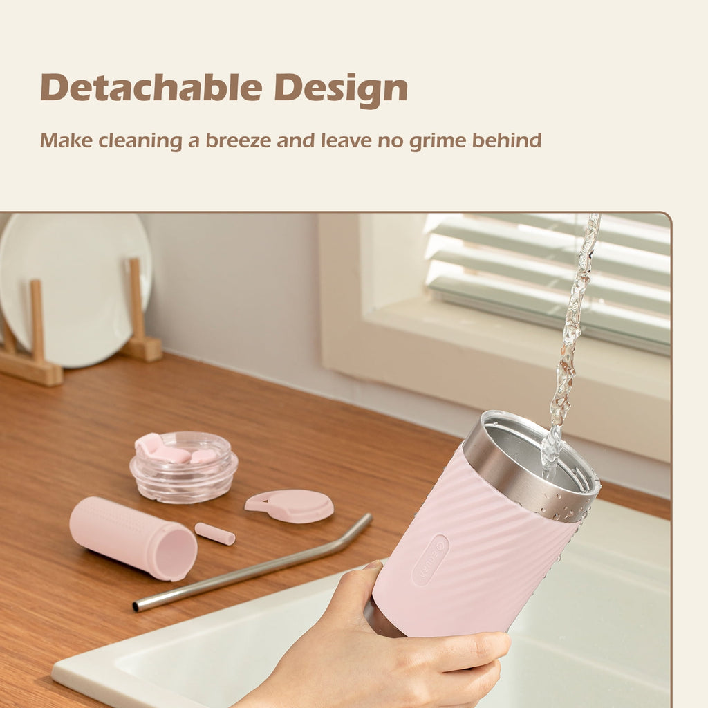DaaSiGwaa Vacuum-Insulated Stainless Steel Travel Mug with Leak-Proof Lid, Infuser And Straw, Reusable Iced Coffee Cup, Hot Coffee Travel Tumbler, 17.5 oz(Pink)