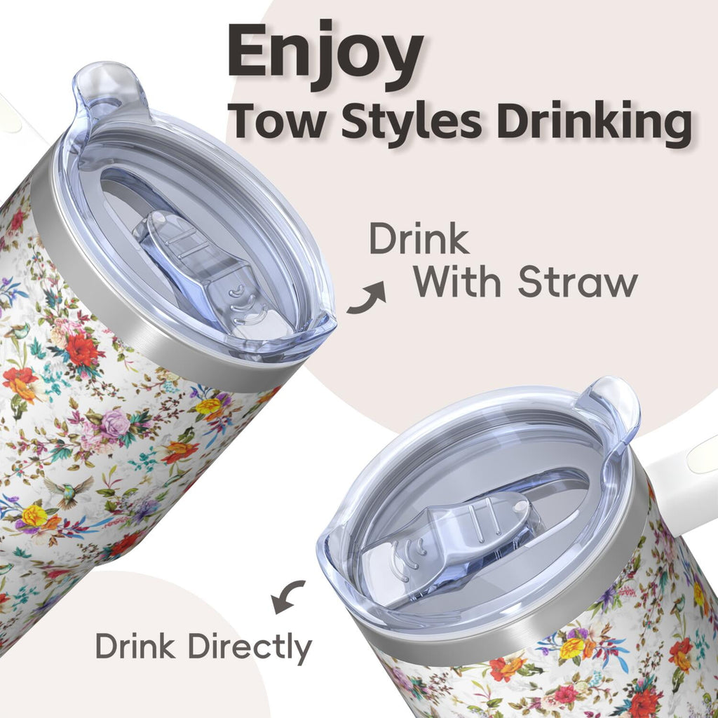 20oz Elegant Floral Vintage Spring Tumbler with Handle and Straw, Chinoiserie Bloom Pattern Coffee Cup, Insulated Travel Mug