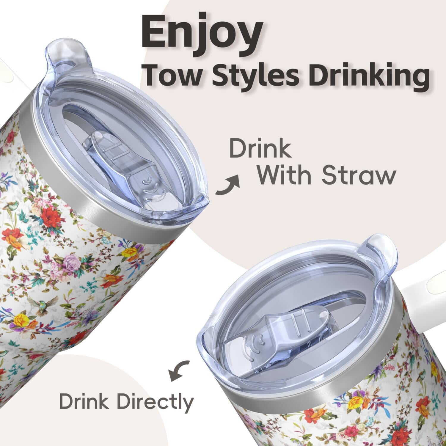 20oz Elegant Floral Vintage Spring Tumbler with Handle and Straw, Chinoiserie Bloom Pattern Coffee Cup, Insulated Travel Mug