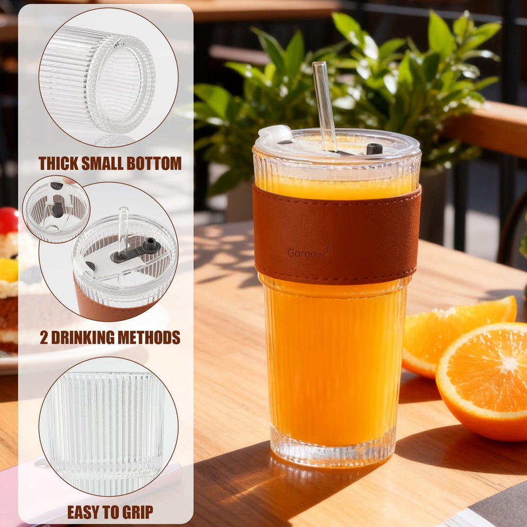 Lumikrypt 4 Pcs 20 oz Ribbed Glass Tumblers with Straw Lids, Iced Coffee Tumbler with Heat-Resistant & Antifreeze Sleeves, Thickened Glass, Ideal for Iced Coffee, Smoothies, Juices