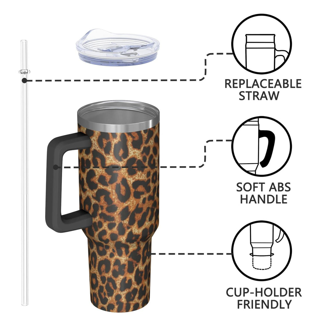 Leopard Print 40oz Tumbler with Handle and Straw, Large Capacity Travel Cup for Hot & Cold Drinks, Double Walled Vacuum Insulated Cup,Birthday Gifts for Women Girls
