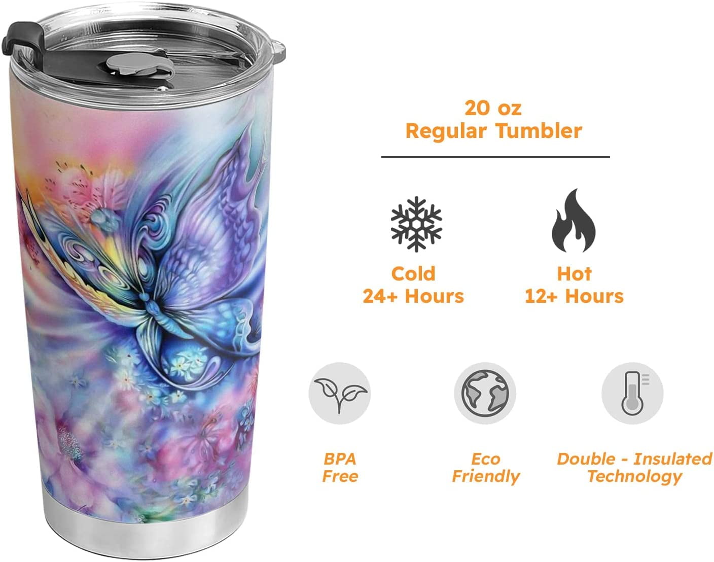 20oz Butterfly Gifts for Women, Valentines Day Gifts for Her, Coffee Thermos For Women, Coffee Gifts for Women, Colorful Rainbow Butterfly Tumbler Cup, Insulated Travel Coffee Mug with Lid