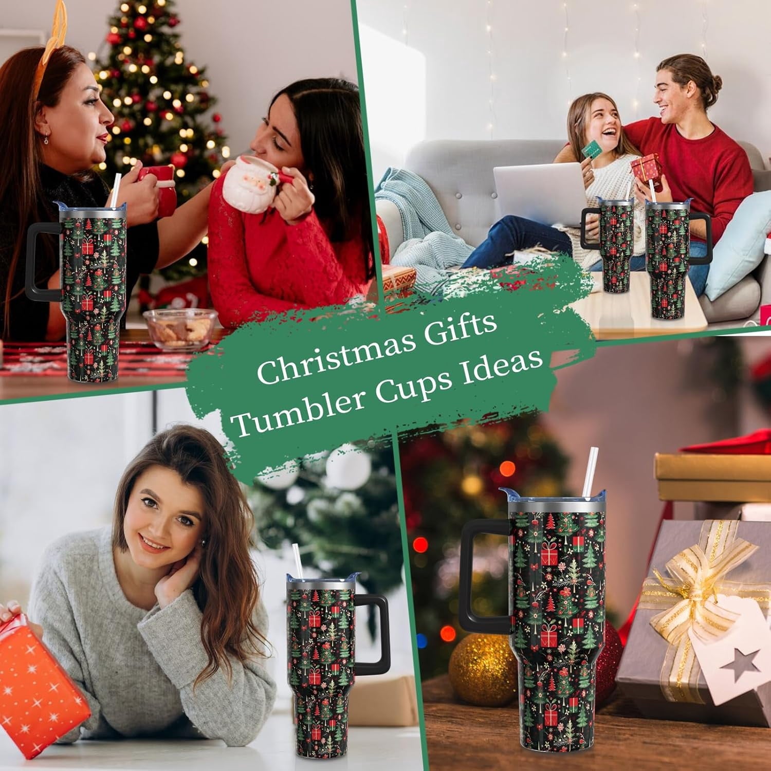 Christmas Gifts 40 Oz Tumbler with Handle and Straw, Green Xmas Tree Stainless Steel Insulated Cup Water Bottle, Retro Holiday Gifts for Women Men (1PC)