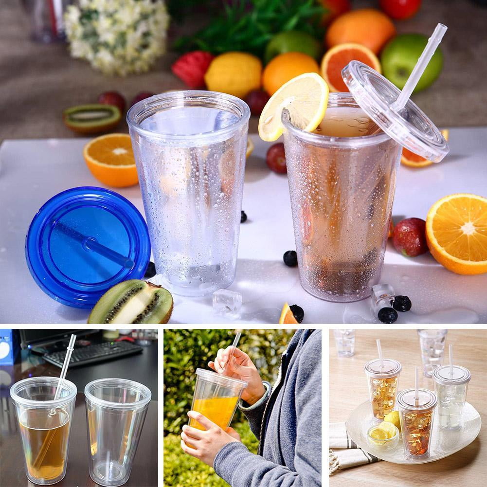 5PCS Double Wall Clear Plastic Tumbler with Lid and Straw, 17oz Reusable Cup for Adults, BPA-Free Cold Drink Glass for Smoothies Iced Coffee, Travel Cup