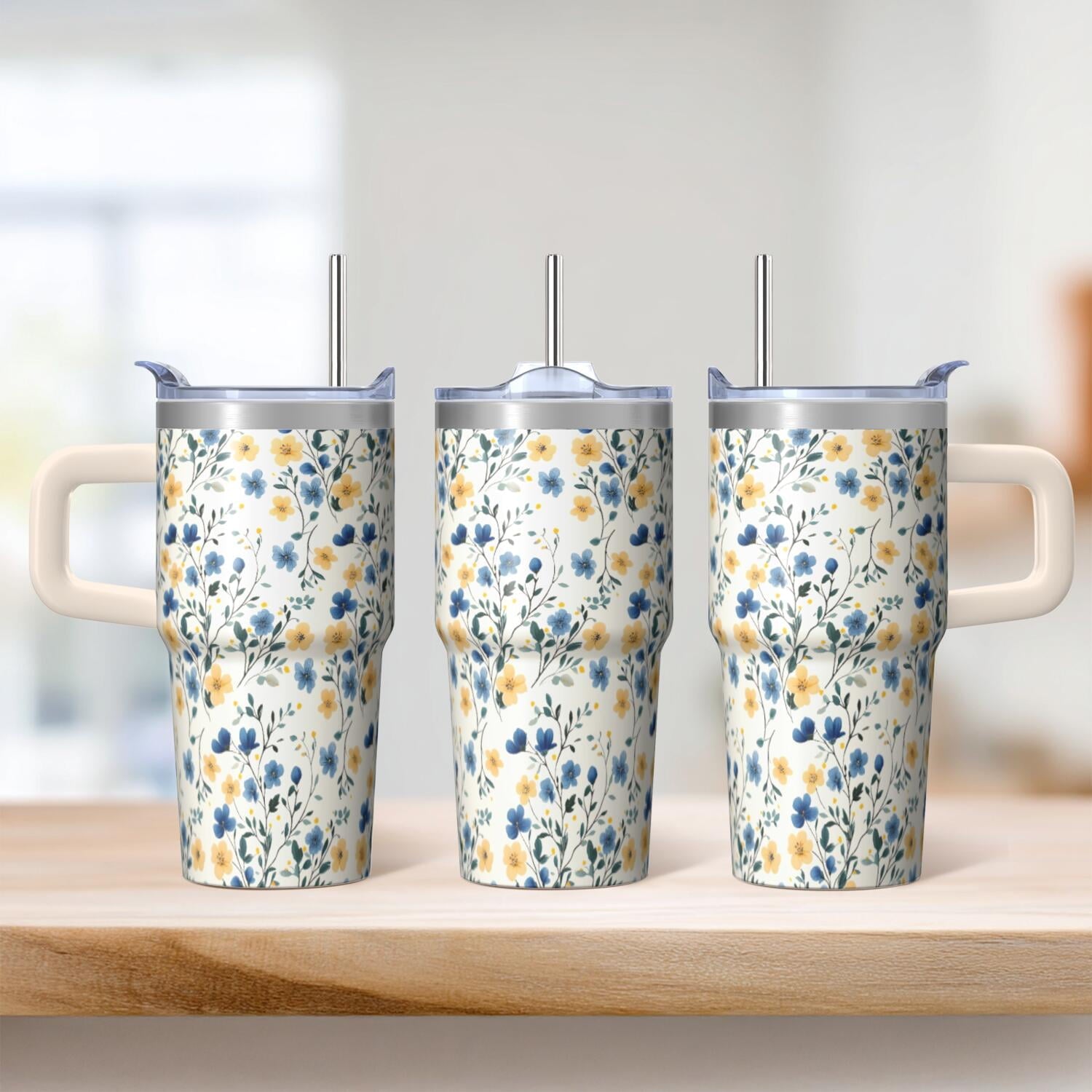 20oz Vintage Spring Tumbler with Handle and Straw, Floral Insulated Travel Coffee Cup, Chinoiserie Design Mug for Women