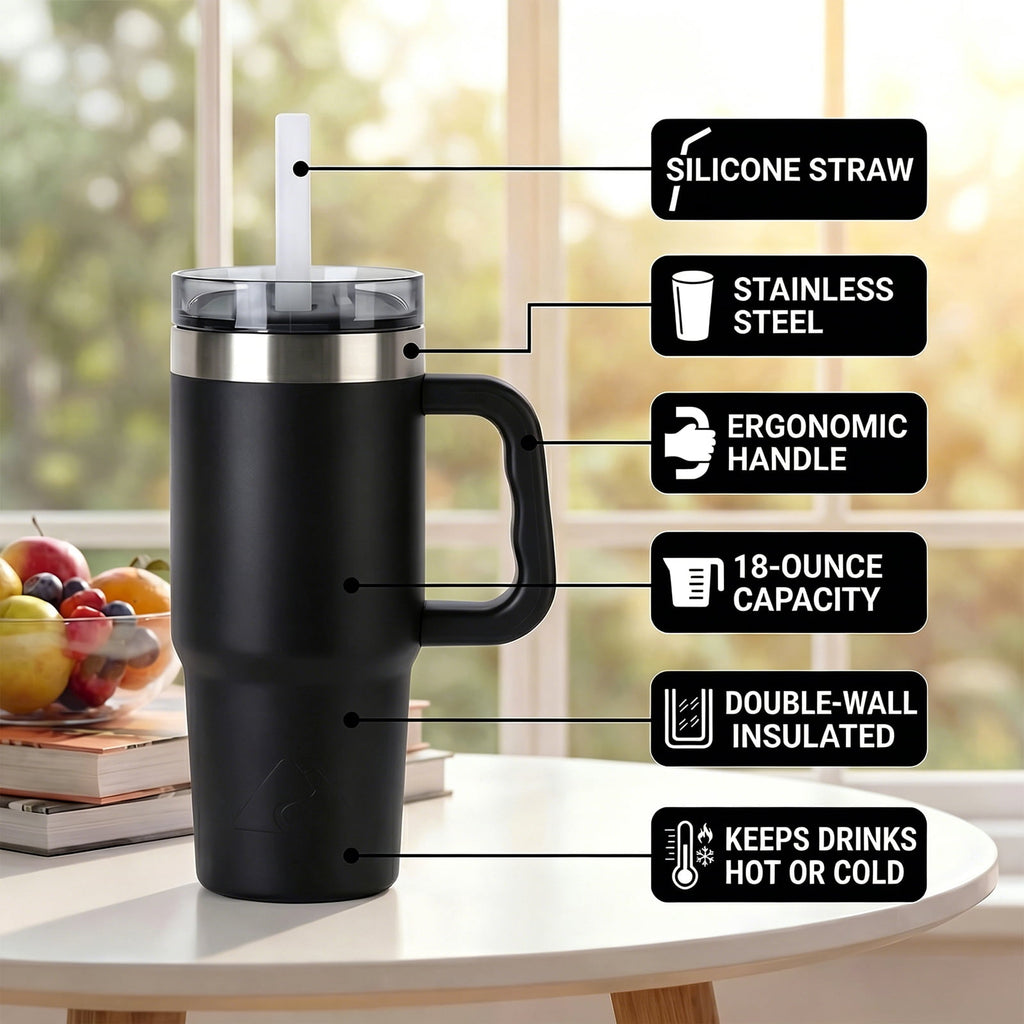 (6 pack) Ozark Trail 18 oz Stainless Steel Insulated Tumbler with Handle, Black