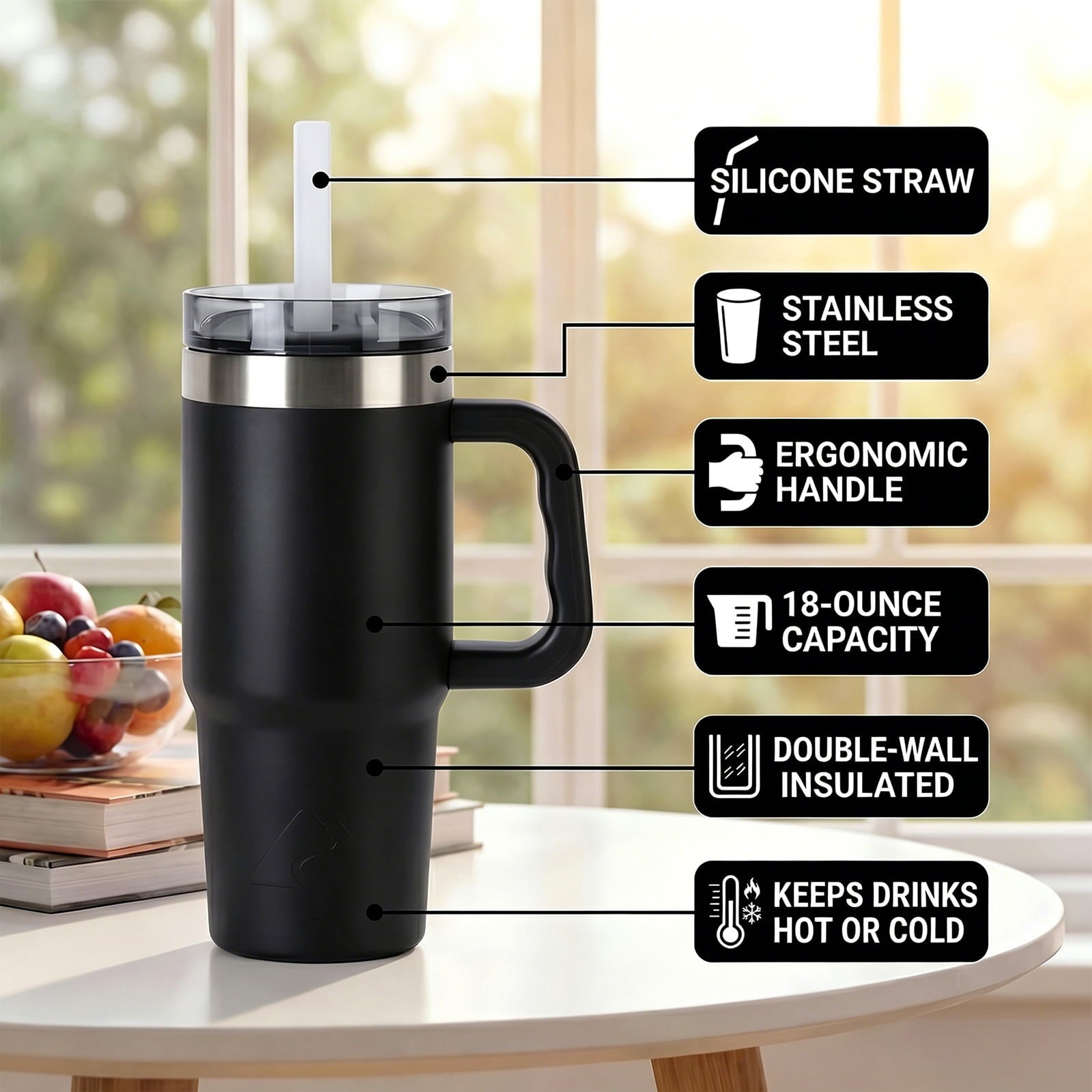 (6 pack) Ozark Trail 18 oz Stainless Steel Insulated Tumbler with Handle, Black