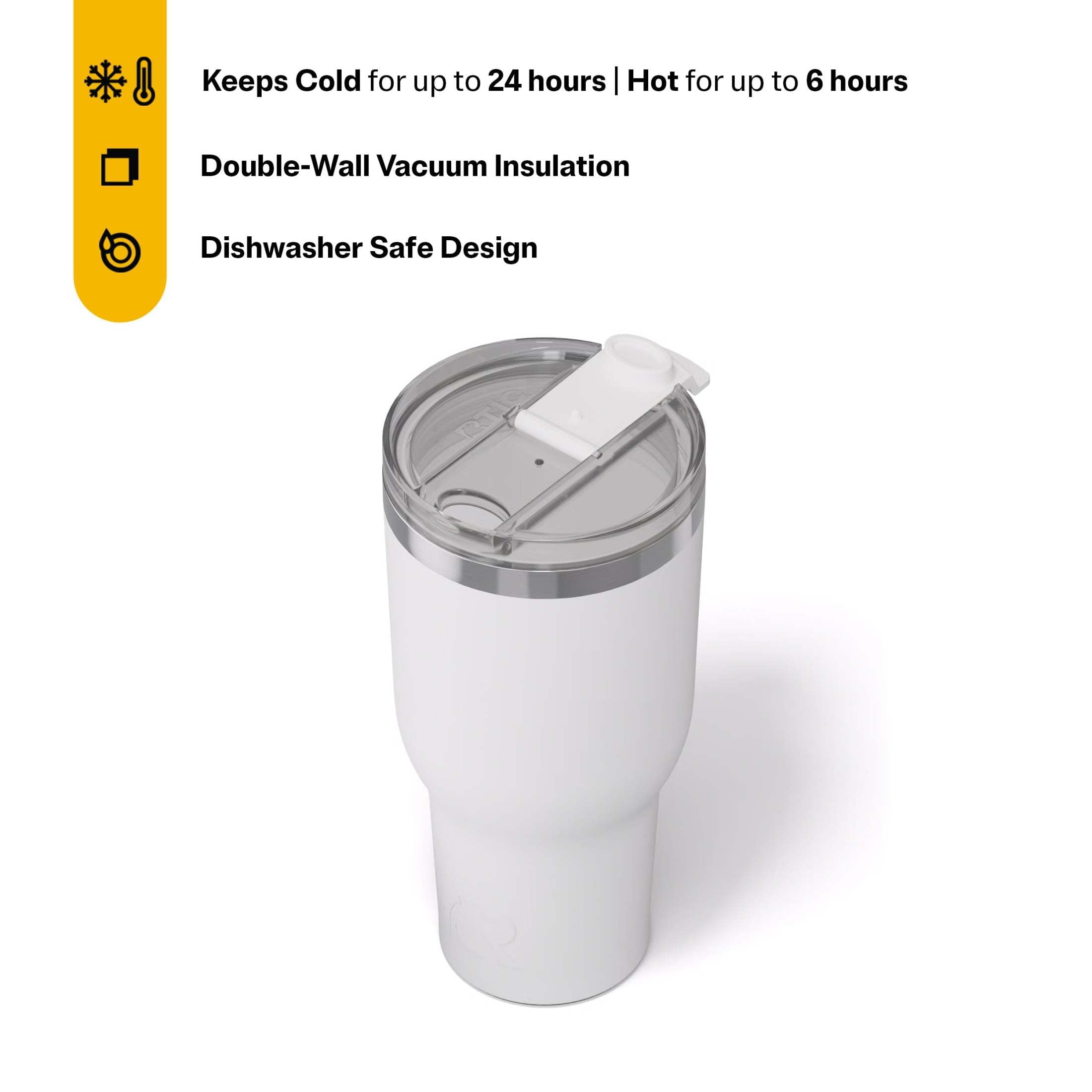 RTIC 40 oz Ceramic Lined Insulated Essential Tumbler, Leak-Resistant Lid, White