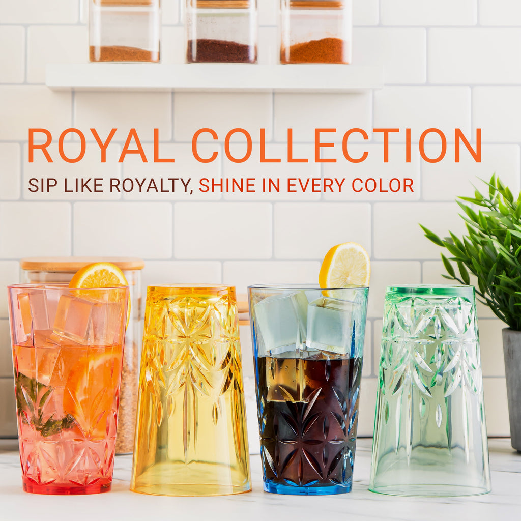 Bravario Royal Plastic Drinking Tumbler, Dishwasher-Safe BPA-Free Water Glasses, Durable Mixed Colors Assorted Stackable Cups, 18 oz Set of 6