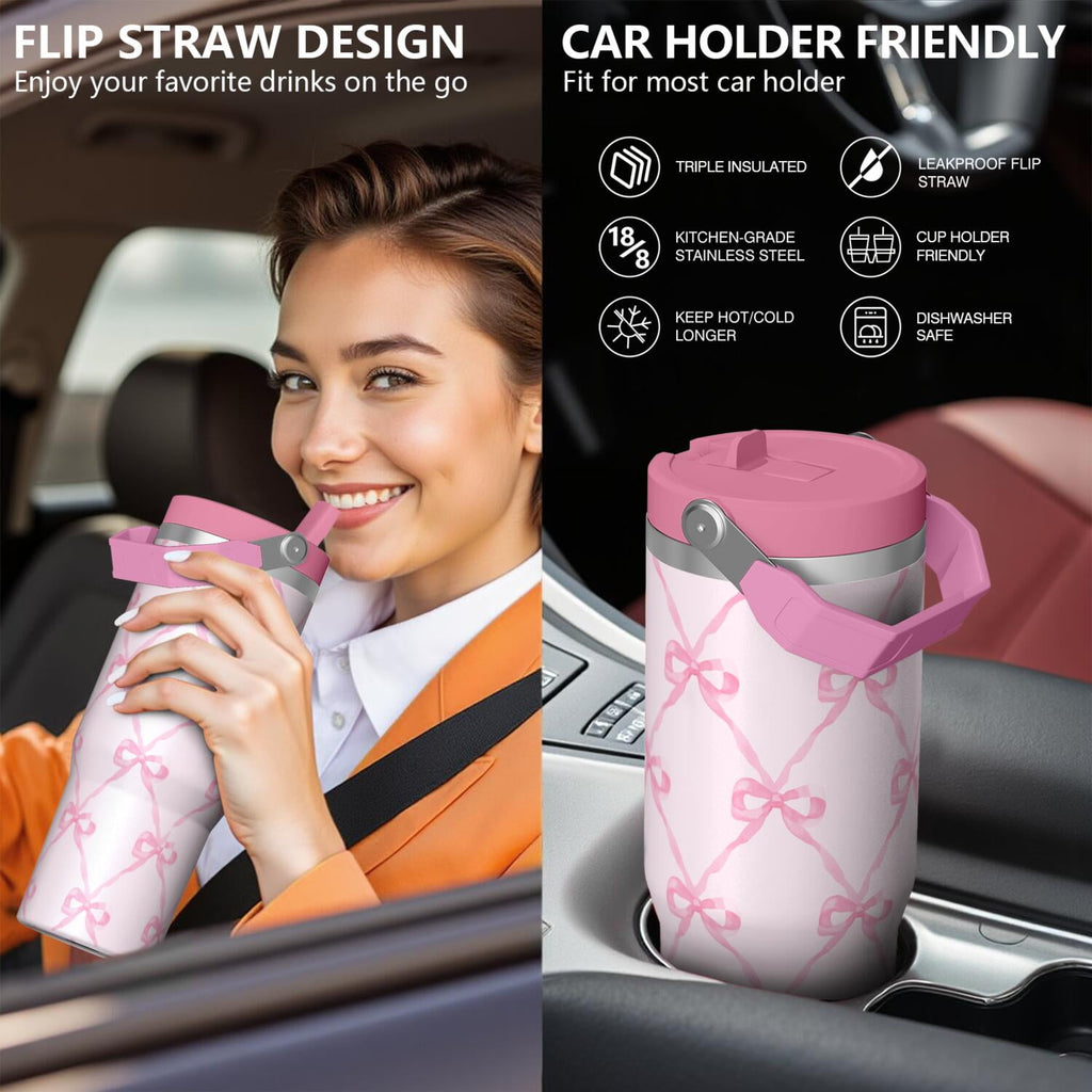 1pc Bow 30oz Tumbler with Straw & Handle - Insulated Stainless Steel Cup | Holiday Gift for Man Women (Christmas, Valentine's, Birthday)
