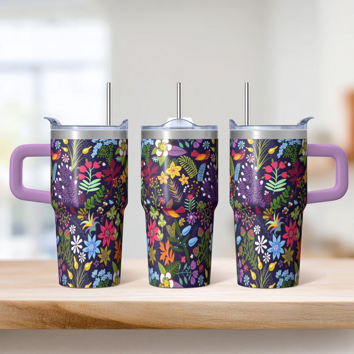 Women's Gift 20oz Floral Tumbler, Stainless Steel Insulated Travel Coffee Cup with Handle, Comes with Straw and Leak-Proof Top